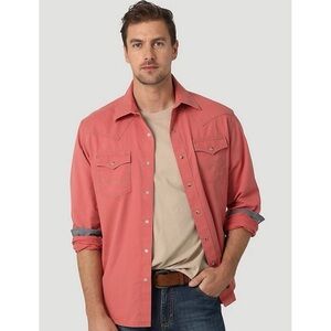 Wrangler Mens Retro LS‎ Button Down Shirt S Salmon Cotton Western Pearl Snap